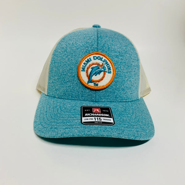 Ashley L’s Miami Dolphins Teal and Off White Richardson Trucker Snapback