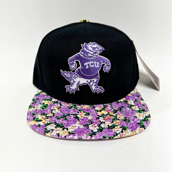 Bevin L’s TCU Horn Frog Black and Purple Floral Snapback